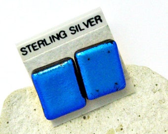 Blue Dichroic Fused Glass Post Earrings