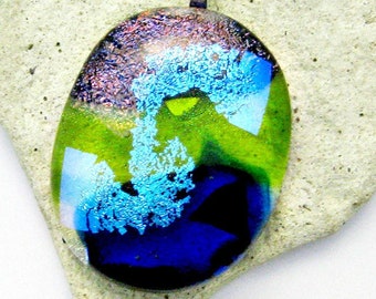 Gorgeous Pink Green Aqua and Blue Dichroic Fused Glass Pendant