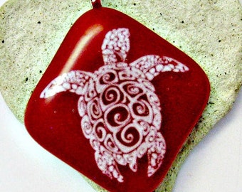 White Turtle Fused Glass Red Pendant