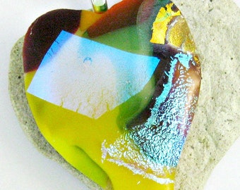 Fused Glass Jewelry / Yellow Heart Dichroic Pendant