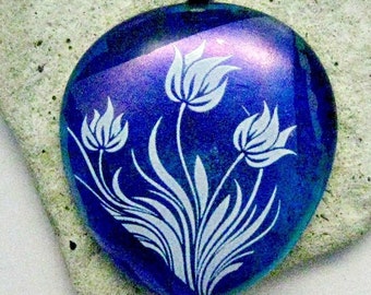 Blue with Magenta Blue Dichroic and White Flowers  Fused Glass Pendant