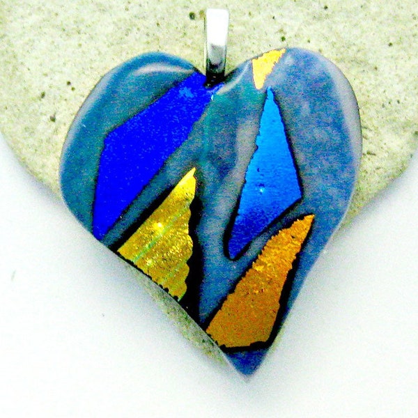 Blue Gold Dichroic Fused Glass Heart Pendant