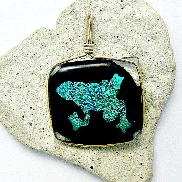 Turquoise Dichroic Froggie Fused Glass Pendant with 14 K Gold Filled Wire Wrapped