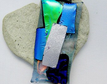 Blue Green Salmon Purple and Silver Patches of Dichroic Fused  Glass Pendant