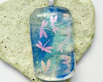 Fused Dichroic Glass Pendant - Dichroic Glass Jewelry - Dragonflies in Flight Pendant