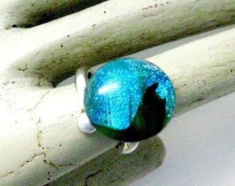 Turquoise Dichroic Glass Adjustable  Sterling Silver Fused Glass Ring