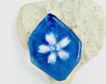 White Flower On Blue Burst of Color Fused Glass Pendant