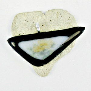 Black and White Peach Flower Fused Glass Pendant with Black Cord image 2