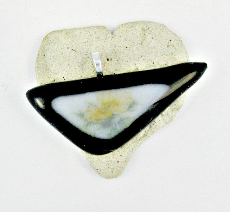 Black and White Peach Flower Fused Glass Pendant with Black Cord image 2