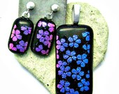 Dichroic Cherry Blossoms Fused Glass Pendant and Earrings