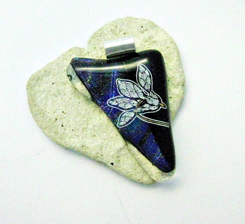 White Flower on Dichroic Black Fused Glass Pendant image 1