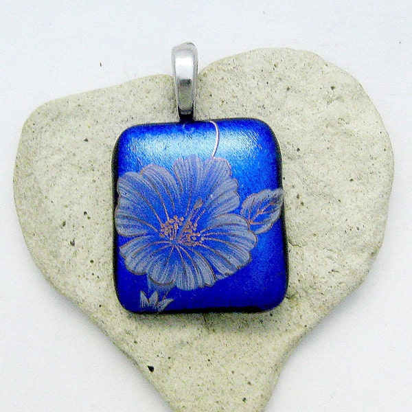 Flower Power Blue Dichroic Fused Glass Pendant