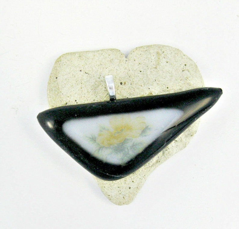 Black and White Peach Flower Fused Glass Pendant with Black Cord image 3
