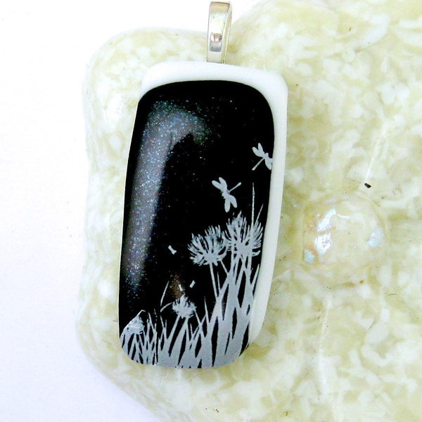 Dragonflies and Flowers - Fused Glass Jewelry Pendant