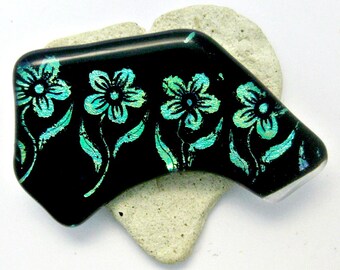 Fused Glass Brooch with Aqua Dichroic Flowers