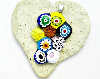 Fused Glass Pendant - Colorful Funky Flowers Pendant