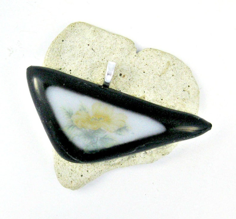 Black and White Peach Flower Fused Glass Pendant with Black Cord image 4