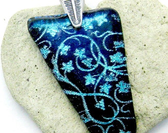 Black with Aqua Dichroic Vines Fused Glass Pendant