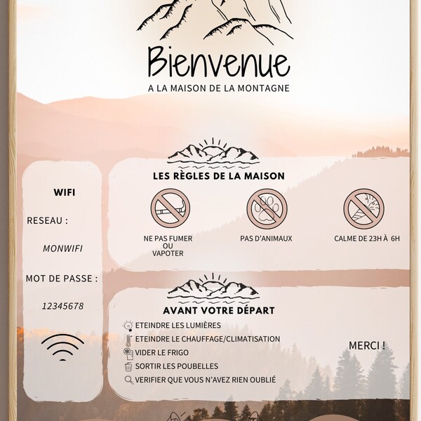 Affiche de Bienvenue AIRBNB et Locations Saisonnières Montagne - Template Canva Modifiable - Français