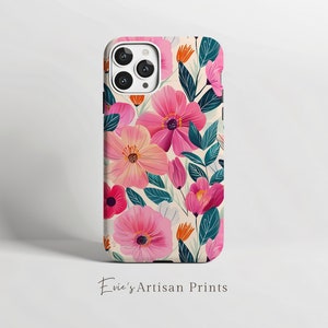 Pink Floral Art Phone Case iPhone 15 14 13 12 pro, Samsung S24 S23, Pixel 8 pro 7 6, Double Layer Protection, Tough Case, Boho Cool Art