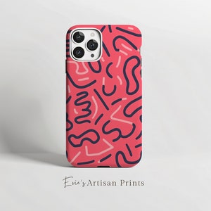 Pink Line Doodle Art Phone Case iPhone 15 14 13 12 pro, Samsung S24 S23, Pixel 8 pro 7 6, Double Layer Protection, Tough Case, Boho Cool Art