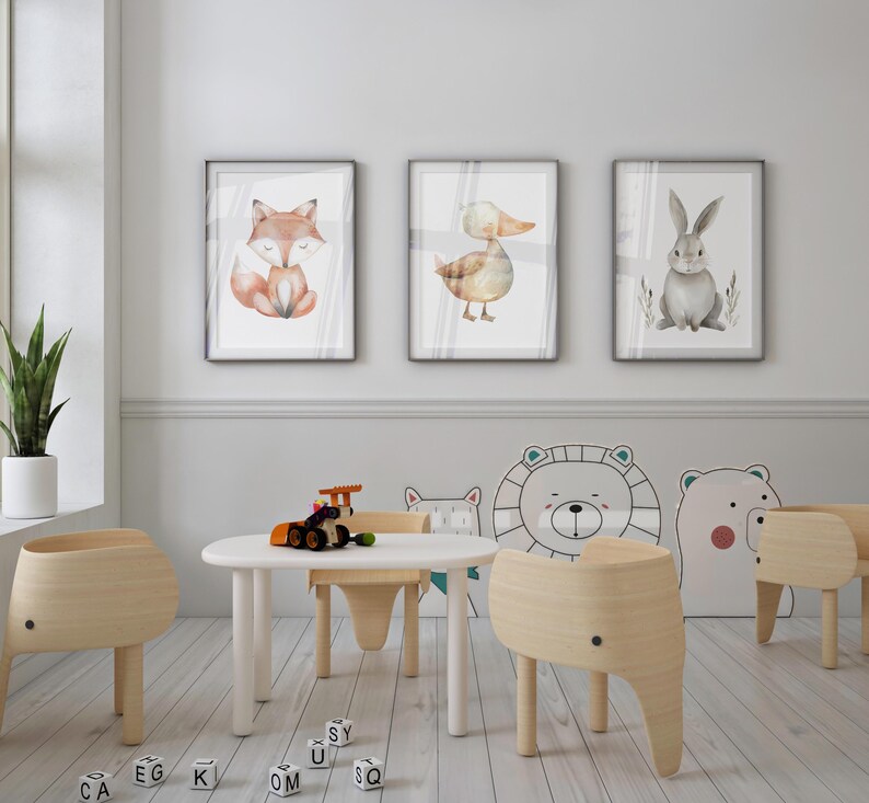 Set of 3 Woodland Animal Prints, Boho Nursery Wall Art Prints, Cute ...
