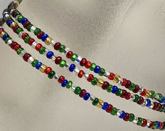 Christmas Colors, Mix of Reds Greens Silver Gold and Blue Silver Lined Seed Bead Wrap Bracelet Anklet or Choker Necklace Party Jewelry