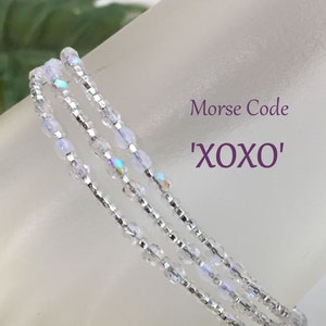 XOXO Morse Code Seed Bead Wrap Bracelet,  Glass Bead Wrap Ankle Bracelet Choker or Necklace, Any Length Custom Made to Order