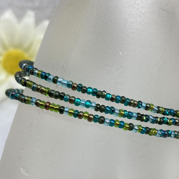 Mini Seed Bead Choker Necklace Anklet Bracelet, Aqua Teal Turquoise Olive Mix, Long Short Layered Thin Wrap Boho Hippie Teen Jewelry