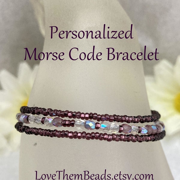 Personalized w Custom Message Morse Code Seed Bead Wrap Bracelet, Amethyst Purple Unique Jewelry Gift