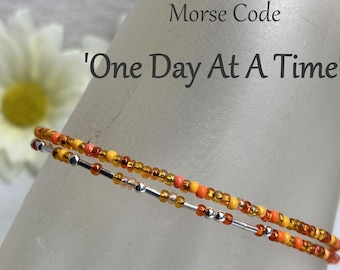 One Day At A Time Morse Code Wrap Bracelet, Mixed Shades of Orange Seed Bead Jewelry, Sobriety Anniversary Recovery Gift