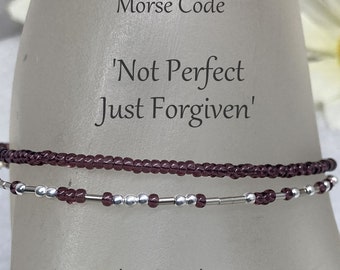 Not Perfect Just Forgiven, Morse Code Purple Seed Bead Wrap Bracelet, Christian Faith Jewelry Gift