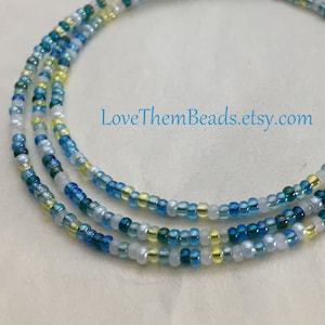 Seed Bead Wrap Bracelet Anklet or Choker Necklace, Mix of Teal Blues Yellow and Whites, Long Layered Thin Wrap Boho Hippie Jewelry