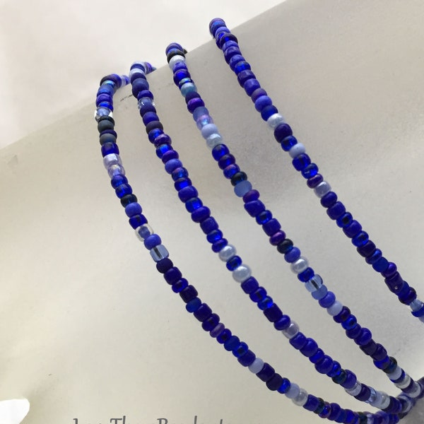 Sapphire Blue Mix Seed Bead Choker or Long Necklace, Thin Wrap Bracelet or Anklet, Hippie Love Beads Spring Summer Autumn Winter Jewelry