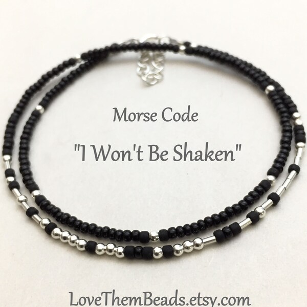 I Wont Be Shaken Morse Code Wrap Bracelet, Seed Bead and Sterling Silver Beaded Mantra Jewelry, Inspirational and Motivational Gift