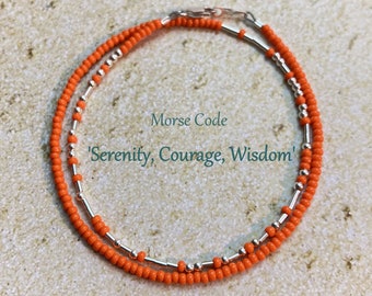 Serenity Courage Wisdom Morse Code Motivational Wrap Bracelet or Choker Necklace, Orange & Silver Inspirational AA Recovery Jewelry Gift