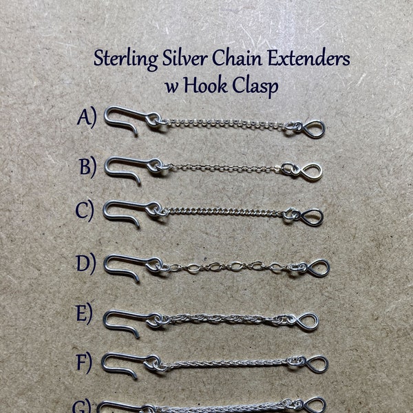 sterling silver easy hook chain extenders, choose from rolo, curb, figure 8, rope, or wheat chain for necklace or bracelet length adjuster