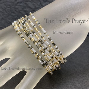 The Lord&#39;s Prayer Bracelet in Morse Code, Gold and White Pearl Seed Bead Wrap Bracelet, Christian Jewelry, custom color options available