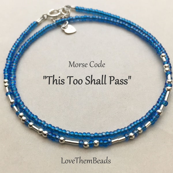 This Too Shall Pass Morse Code Seed Bead Wrap Bracelet can be worn as a Choker Necklace, Sea Bue & Silver Motivational Jewelry