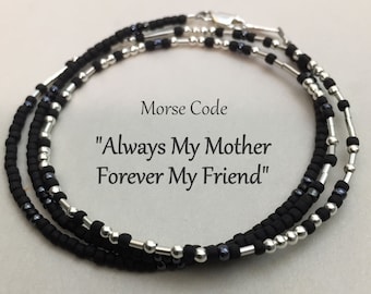 Always My Mother Forever My Friend Sterling Silver and Black Seed Bead Thin Wrap Morse Code Bracelet, Unique Mom Birthday or Christmas Gift