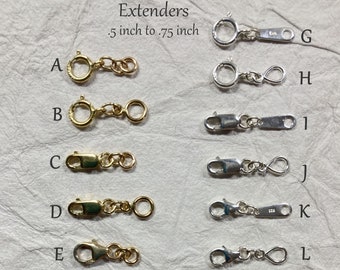 May include: Two rows of extenders for necklaces or bracelets. The top row is 14/20 gold filled and the bottom row is sterling silver. Each extender is 0.5 to 0.75 inches long.