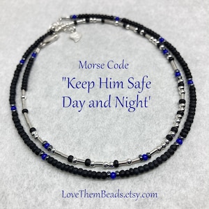 Keep Him Safe Day & Night, Blue Lives Matter Gifts for Police Officer, Cop, Wife, Girlfriend, Morse Code Seed Bead Wrap Bracelet