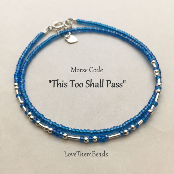 This Too Shall Pass Morse Code Seed Bead Wrap Bracelet can be worn as a Choker Necklace, Sea Bue & Silver Motivational Jewelry
