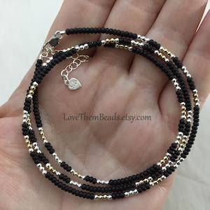 XOXO Hugs and Kisses Morse Code Seed Beaded Wrap Bracelet, Choker Necklace, Black, Gold and Silver Romantic Jewelry