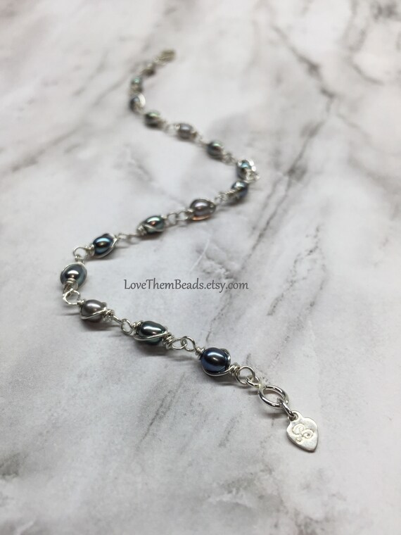 Genuine Peacock Silver Black Cultured Freshwater Pearl Bracelet Anklet Bespoke