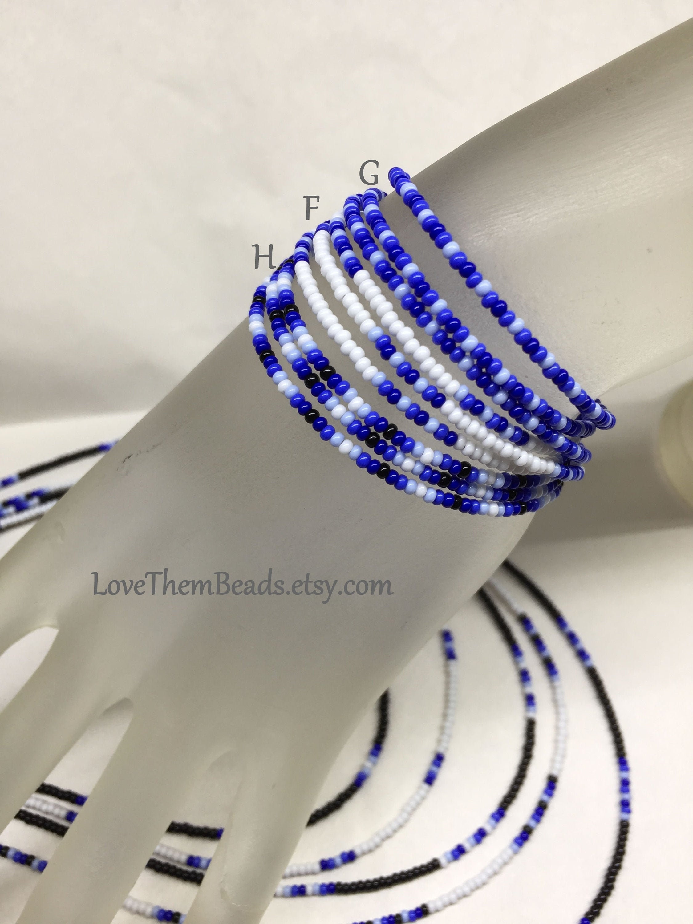 Seed Bead Necklace Blue Black & White Patterns Thin Long - Etsy