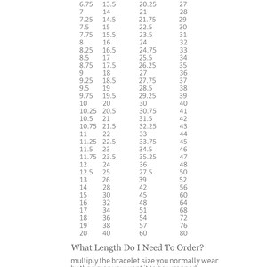 May include: A chart showing the length of a bracelet or anklet needed to order based on the desired number of wraps. The chart shows the length in inches for 2, 3, and 4 wraps. The text at the bottom of the chart explains how to calculate the length needed.