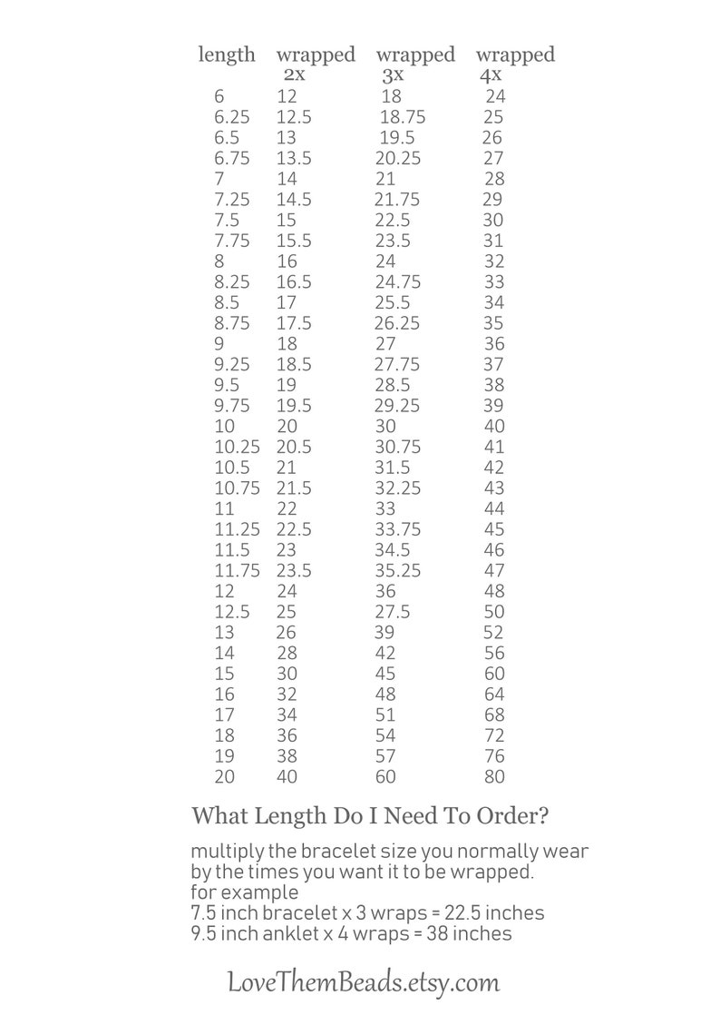 May include: A chart showing the length of a bracelet or anklet needed to order based on the desired number of wraps. The chart shows the length in inches for 2, 3, and 4 wraps. The text at the bottom of the chart explains how to calculate the length needed.