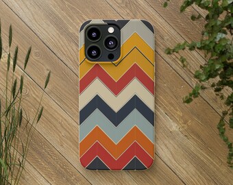 Retro Era Chevron Eco-vriendelijke biologisch afbreekbare hoes voor iPhone, herfstesthetisch, beschermend en stijlvol