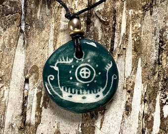 Green VIKING SHIP PETROGLYPH Pendant Scandinavian Necklace or Amulet Sgraffito Porcelain